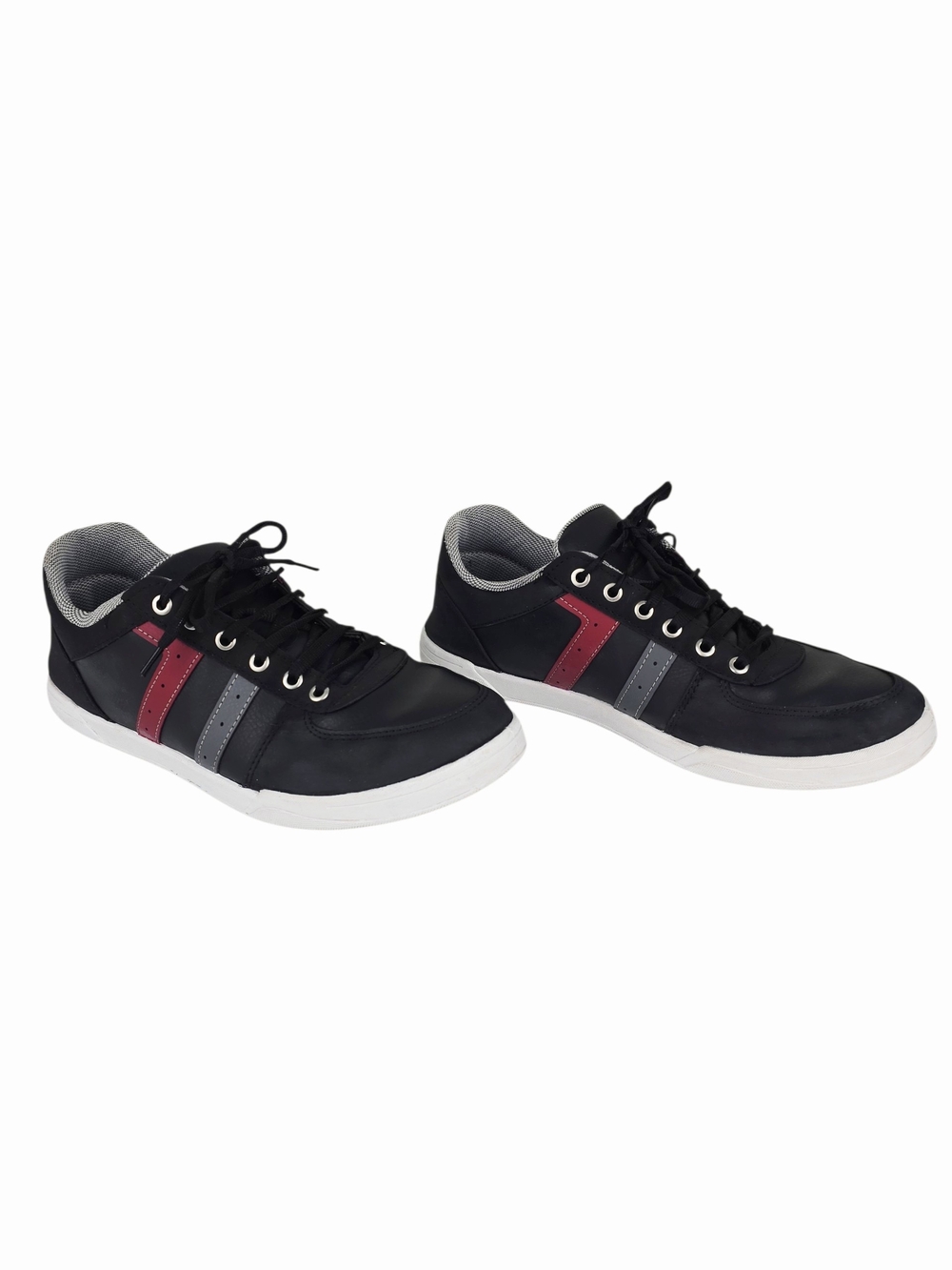 Men's Black Lace-Up Sneakers with Red & Gray Stripe Accents